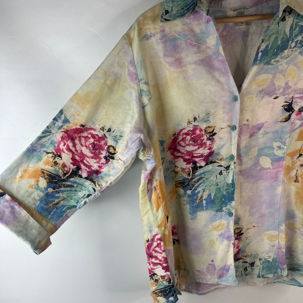 Harve Benard Button Up Shirt Women 2X Multicolor Floral Linen Blend 3/4 Sleeve - Picture 3 of 9